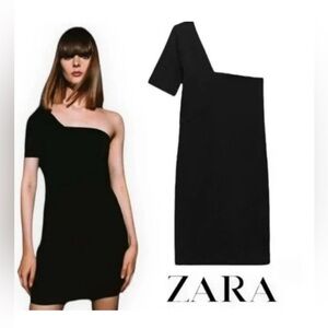 NWT Zara One Shoulder Bodycon Dress Women's Size S Ribbed Little Black